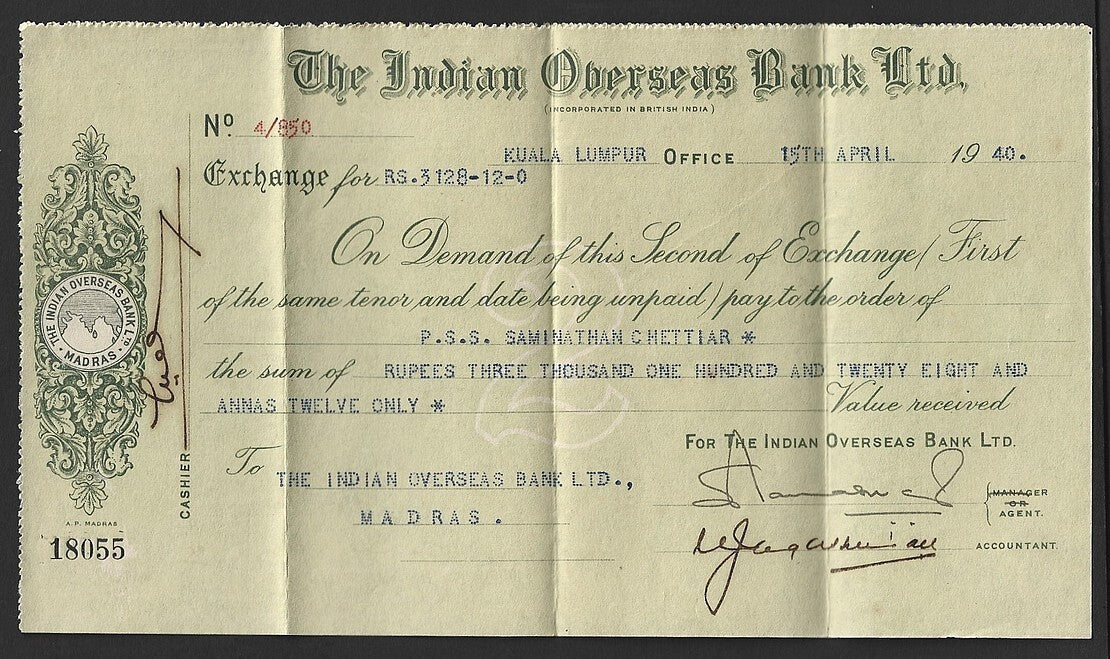 Malaya Indian Overseas Bank, Kuala Lumpur 1940 check cheque