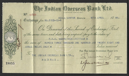 Malaya Indian Overseas Bank, Kuala Lumpur 1940 check cheque