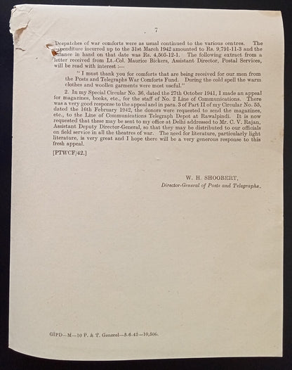 India POSTAL CIRCULAR No. 7 2nd June 1942 Post & Telegraphs War Purposes Fund