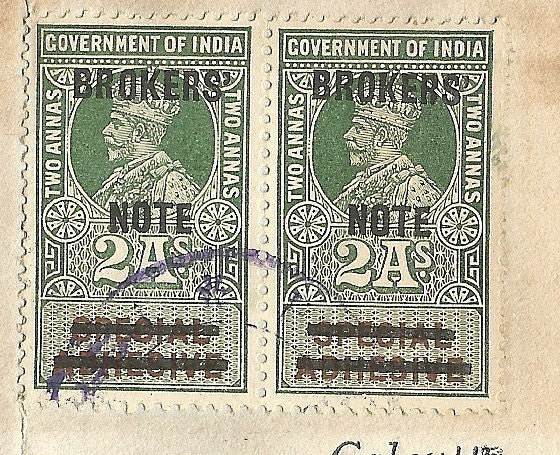 India KGV Broker’s Note provisionals on 1924 debenture contract