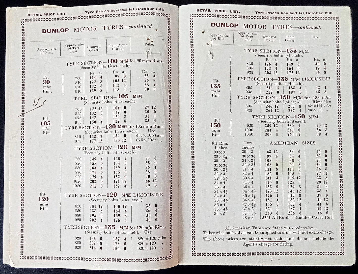 India 1918-19 DUNLOP PNEUMATIC MOTOR TYRES Retail Price List