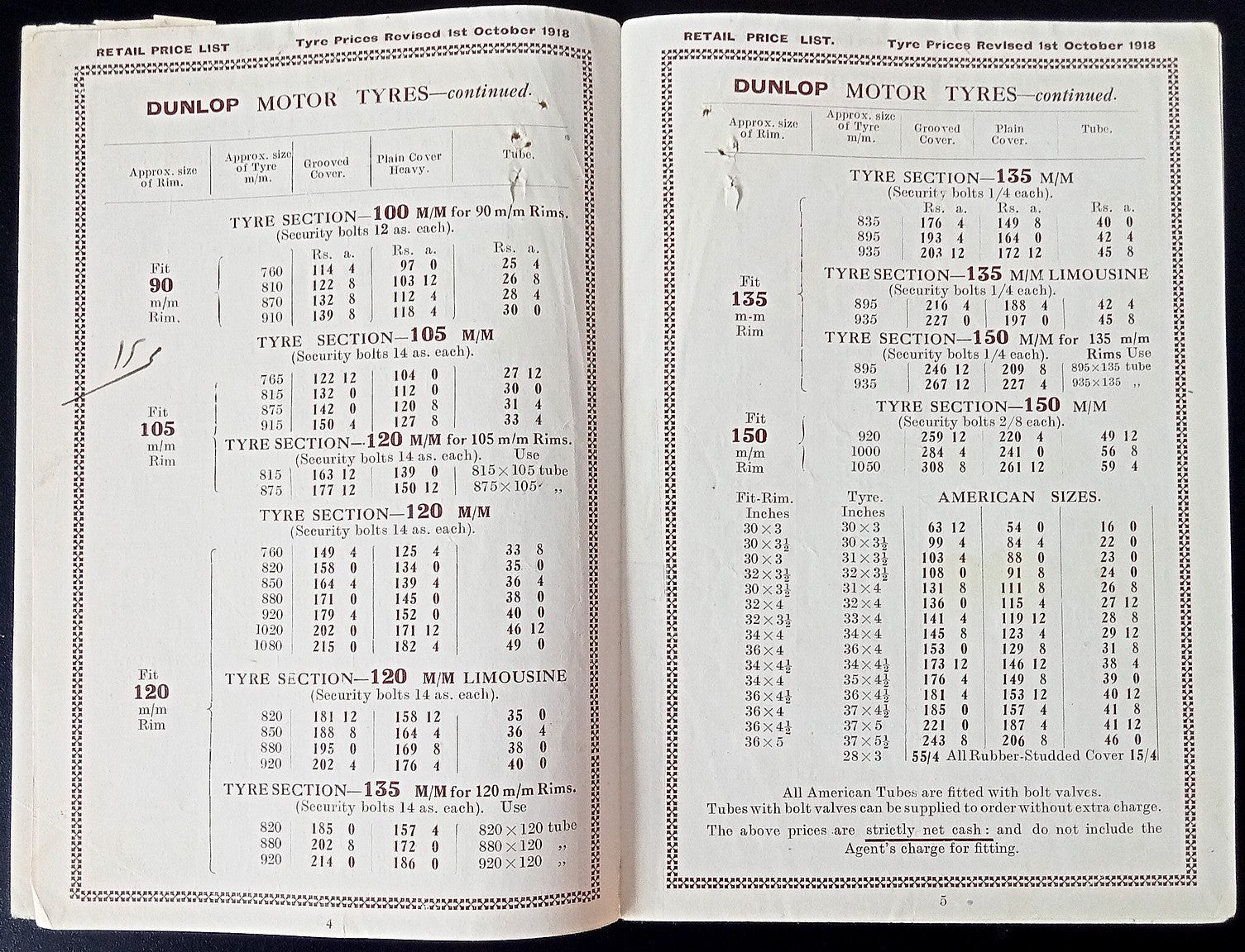India 1918-19 DUNLOP PNEUMATIC MOTOR TYRES Retail Price List