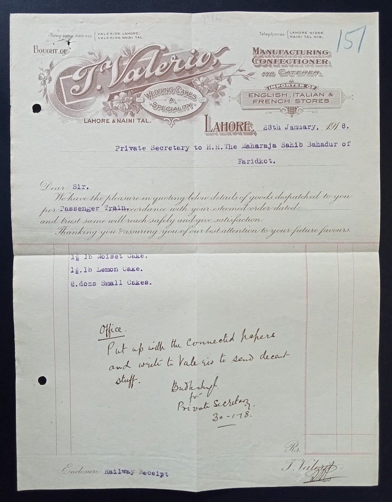India J.Valerio Wedding Cakes Specialist, Lahore pictorial letterhead used 1918