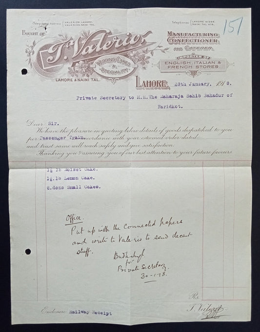 India J.Valerio Wedding Cakes Specialist, Lahore pictorial letterhead used 1918
