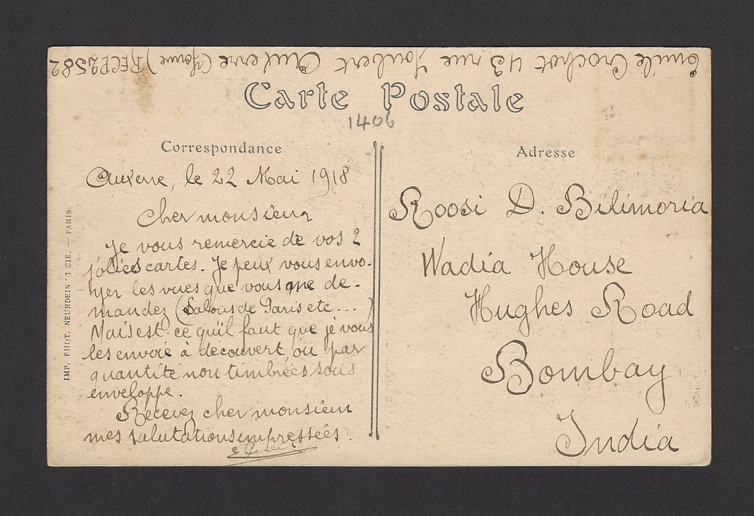 France 1918 postcard to India with better stamps