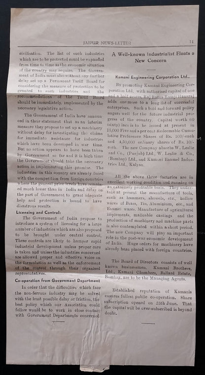 AOP India Jaipur State 1946 JAIPUR NEWS LETTER with OPIUM & DRUGS statistics