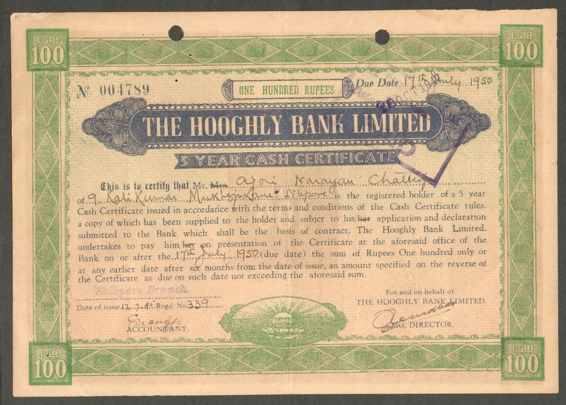 AOP India  THE HOOGLY BANK LTD 1950 100 Rupees Cash certificate