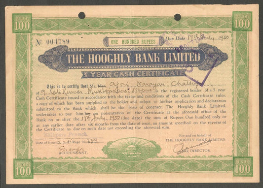 AOP India  THE HOOGLY BANK LTD 1950 100 Rupees Cash certificate