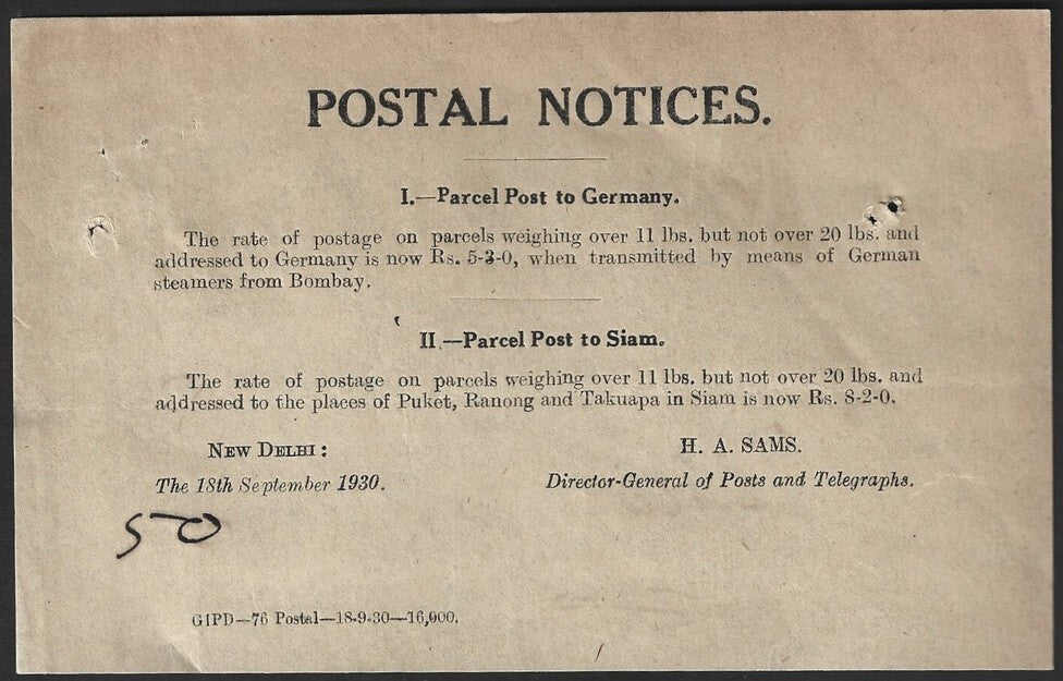 India POSTAL NOTICE 1th Sep. 1930 Parcel Post to Germany & Siam