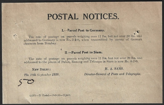 India POSTAL NOTICE 1th Sep. 1930 Parcel Post to Germany & Siam