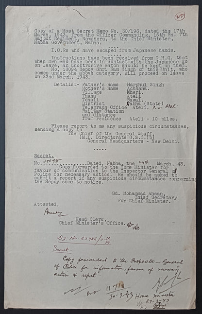 British India Spying on Indian soldiers escaped from Japanese captivity 1943