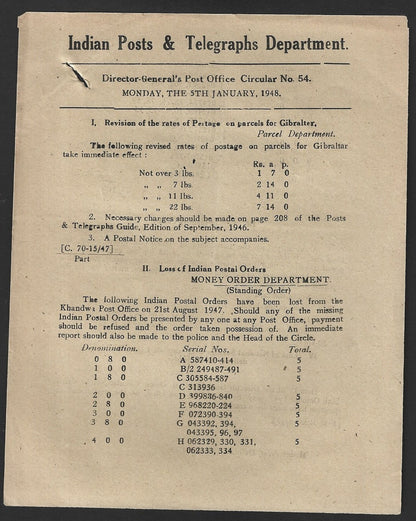 India POSTAL NOTICE #52 5th Jan 1948 Postage rates for Gilbraltar + CIRCULAR #54