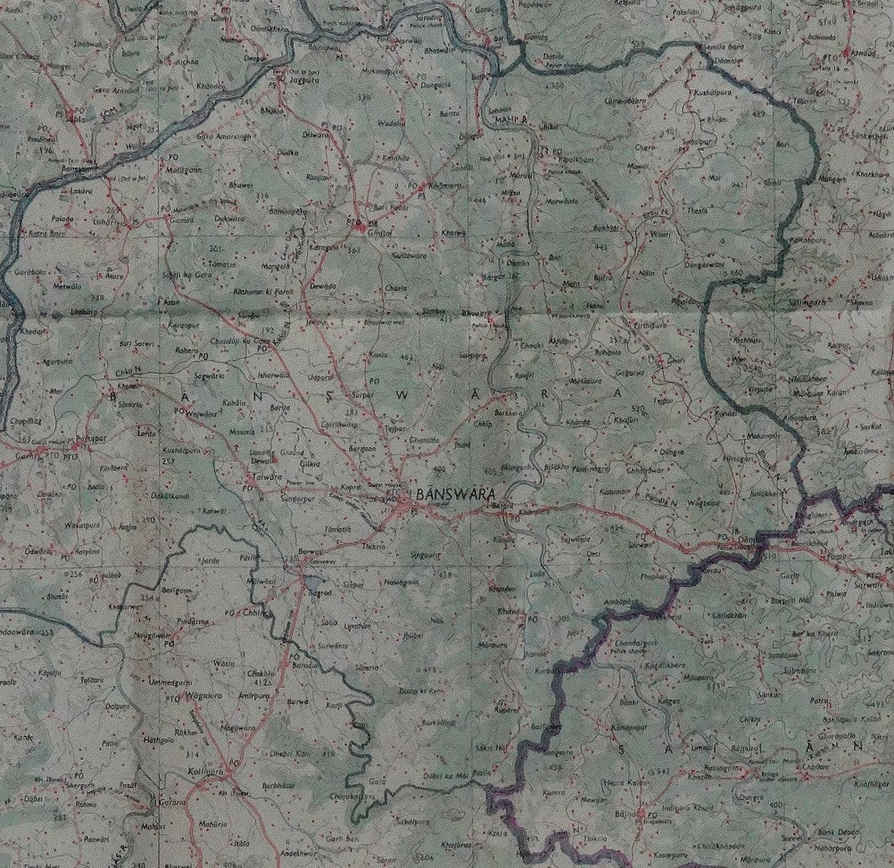 India 1968 canvas backed (1937 survey) detailed map of Banswara 18” x 35”