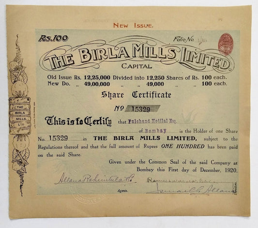 Birla Mills India 1920 Share Certificate Signed Rameshwardas Birla b/o G D Birla