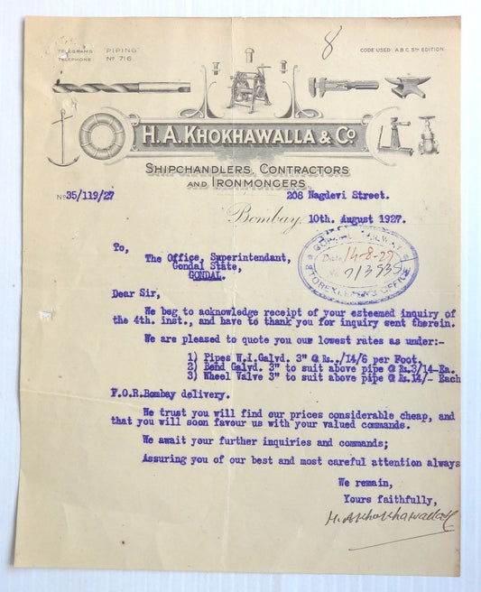 India 1927 illustrated letterhead SHIP CHANDLERS CONTRACTORS Bombay