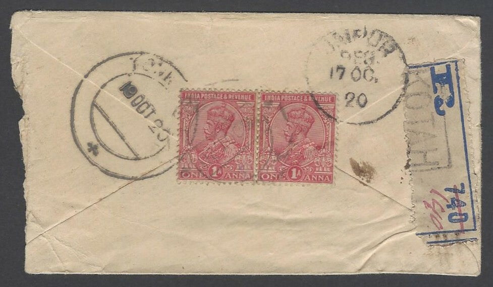 AOPIMT India KGV 1920 registered cover KOTAH 