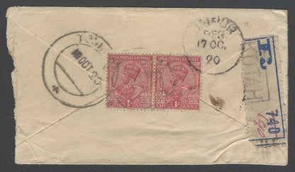 AOPIMT India KGV 1920 registered cover KOTAH 