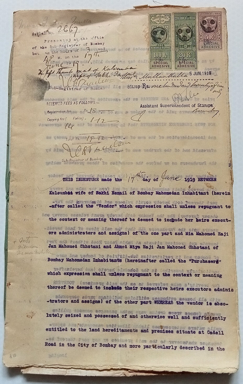 AOP India Special Adhesive KEdVII 100R & KGV 5r & 20R on 1916 indenture & map