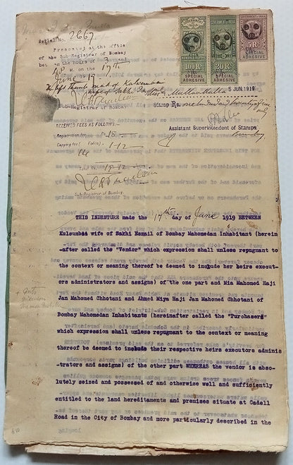 AOP India Special Adhesive KEdVII 100R & KGV 5r & 20R on 1916 indenture & map