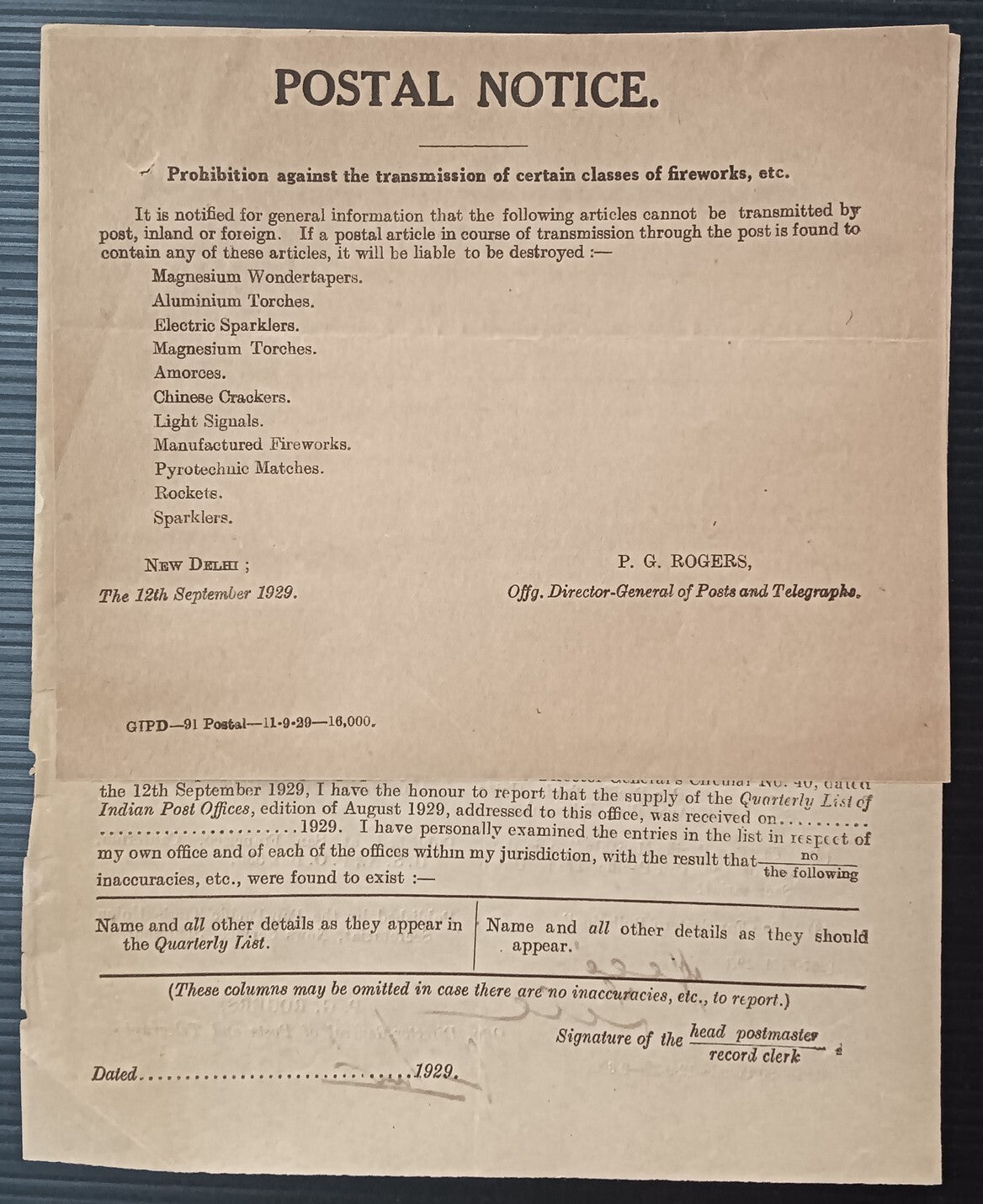 India 1929 POSTAL NOTICE + CIRCULAR Prohibition transmission of fireworks