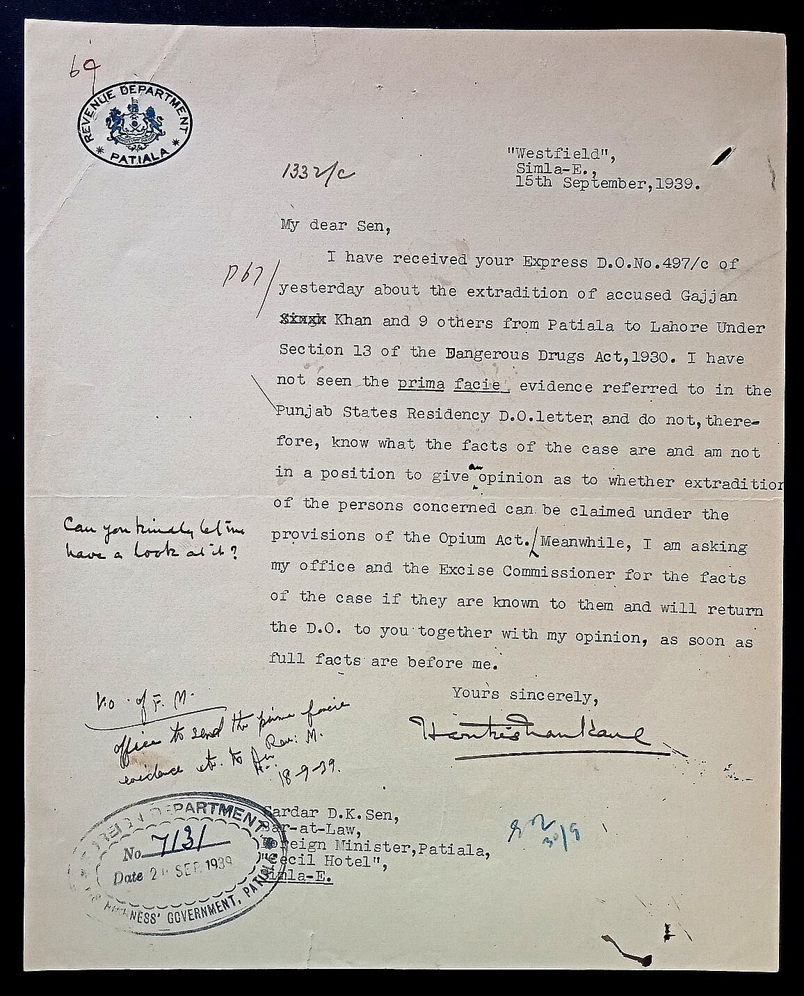 India 1929 REVENUE DEPARTMENT * PATIALA crested letter about Opium smuggling