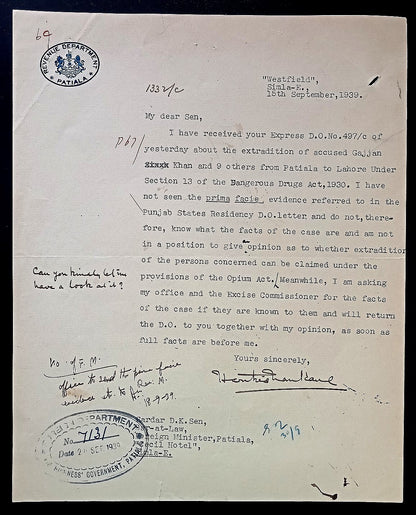 India 1929 REVENUE DEPARTMENT * PATIALA crested letter about Opium smuggling