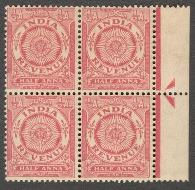 AOP India 1934 revenue stamp 1/2a red MNH block of 4