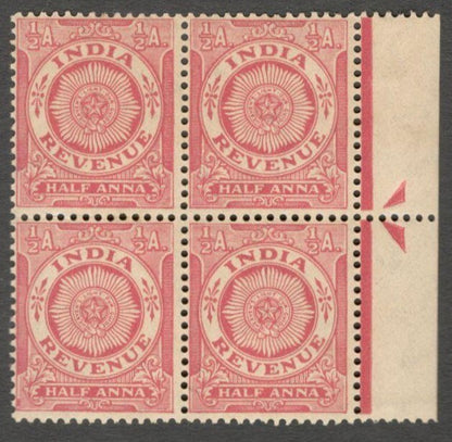 AOP India 1934 revenue stamp 1/2a red MNH block of 4