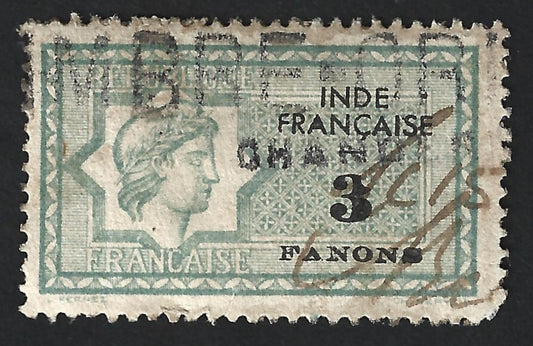 French India 3fa green revenue stamp with deformed "3"
