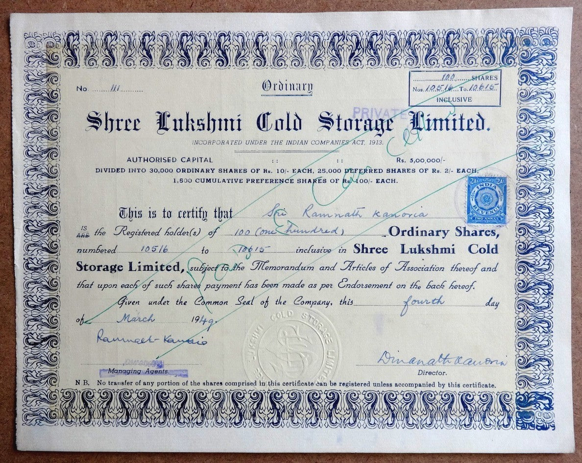 India 1949 SHREE LAKSHIMI COLD STORAGE LIMITED share cerificate