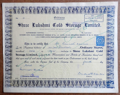 India 1949 SHREE LAKSHIMI COLD STORAGE LIMITED share cerificate