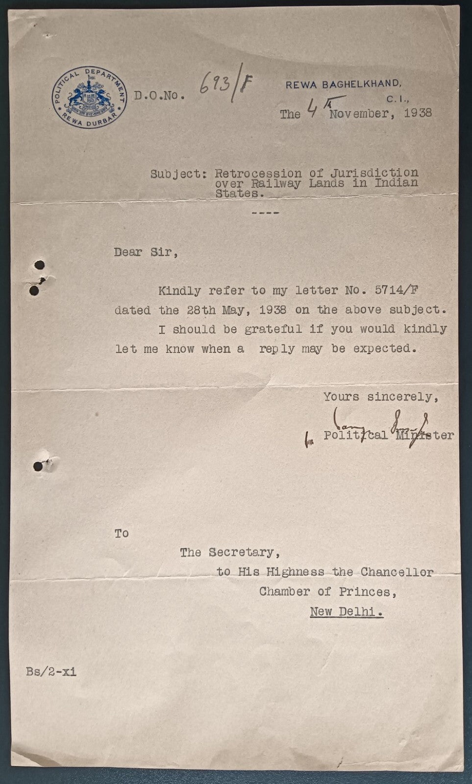 India 1938 crested letter POLICITICAL DEPARTMENT/REWA DURBAR signed