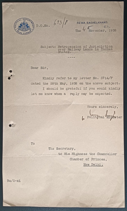 India 1938 crested letter POLICITICAL DEPARTMENT/REWA DURBAR signed