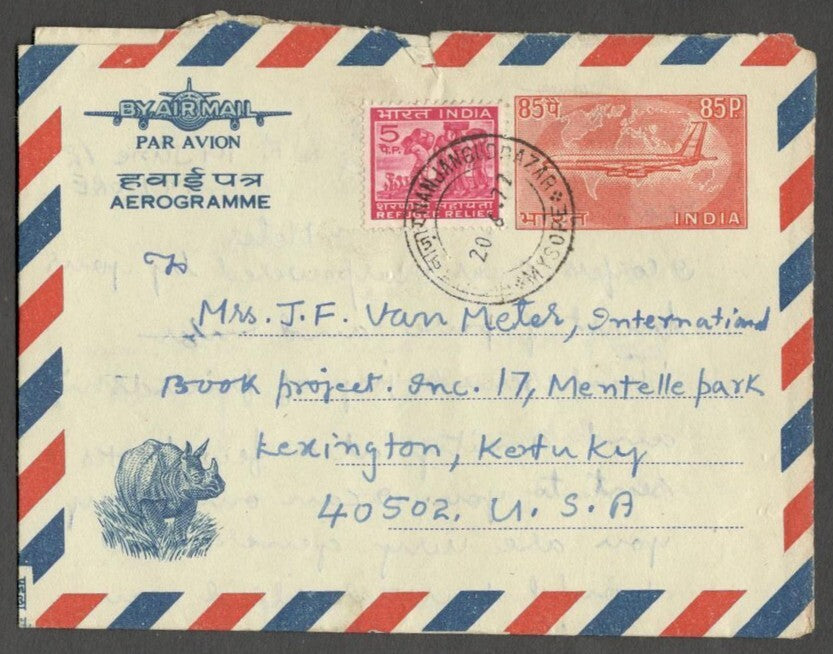 AOP India 85p illustrated Rhino aerogramme with Refugee Relief 5p to USA 1972