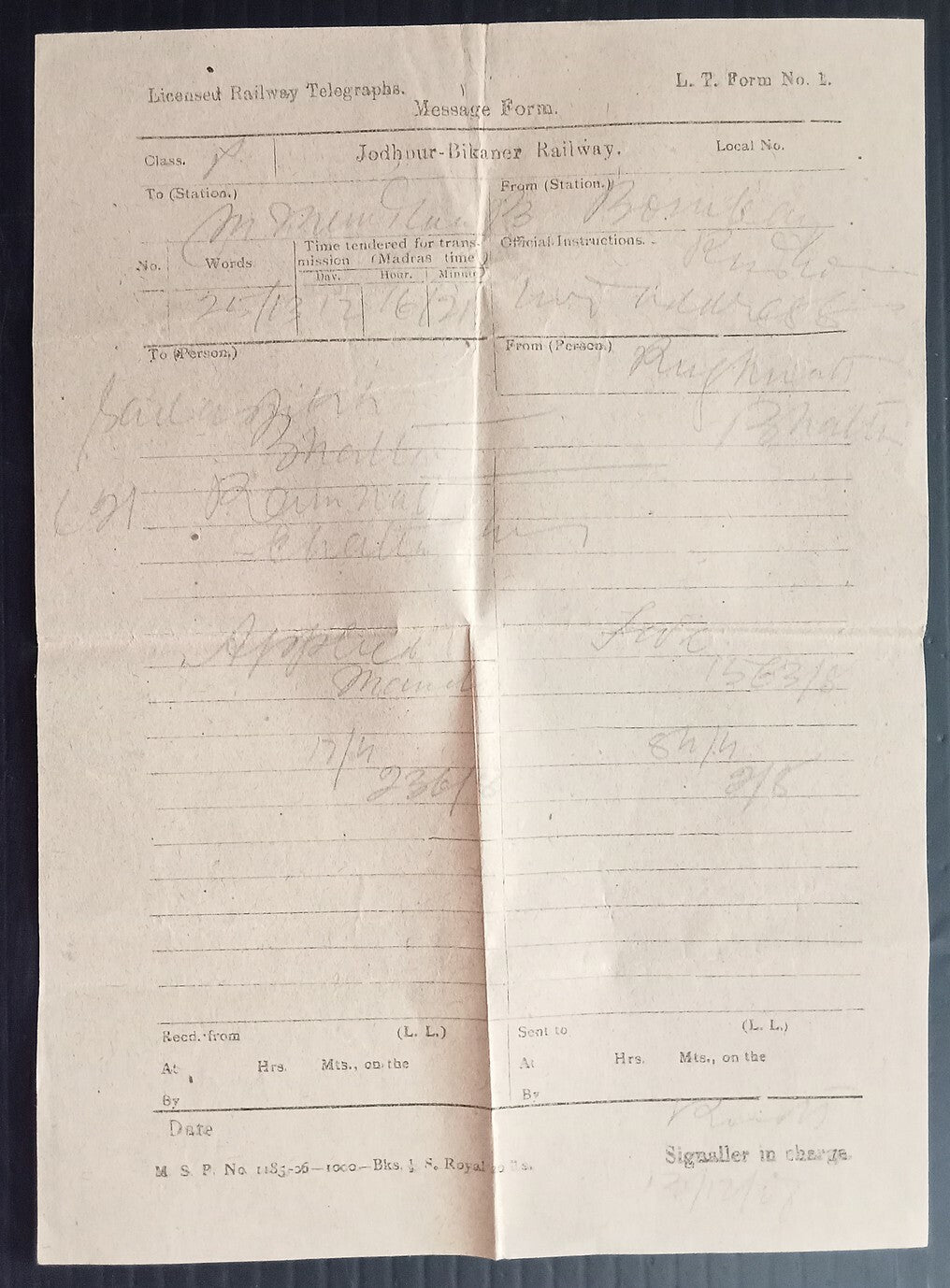 AOPIMT India Jodhpur Bikaner Railway telegraph form with envelope 