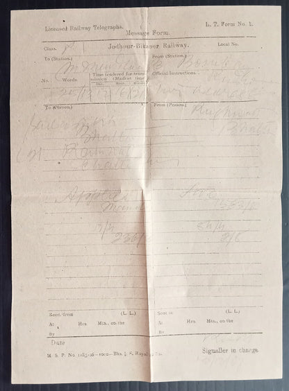 AOPIMT India Jodhpur Bikaner Railway telegraph form with envelope 