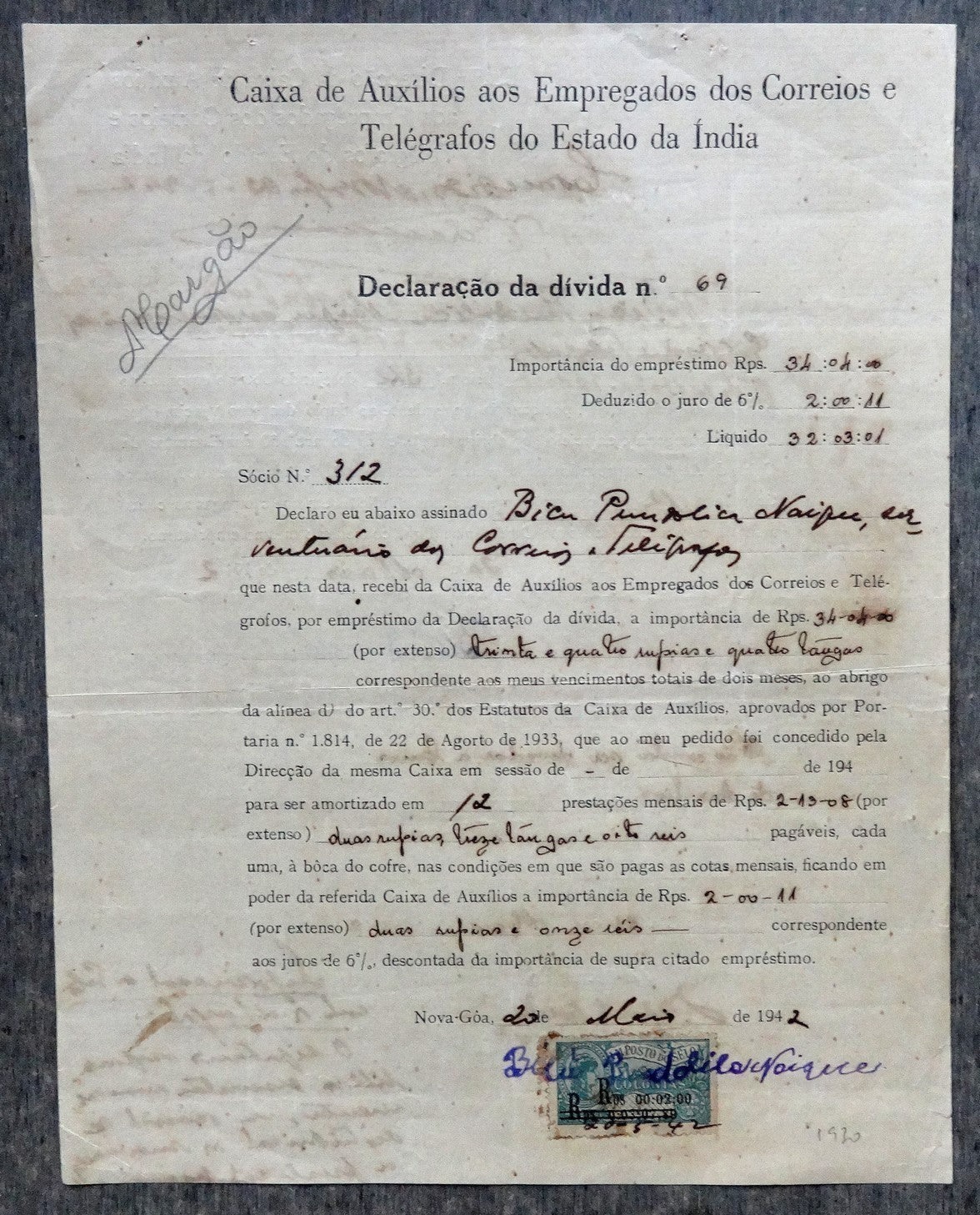 Potuguese India 1942 Post & Telegraphs dividend receipt with revenue stamp
