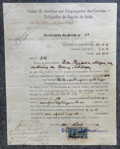 Potuguese India 1942 Post & Telegraphs dividend receipt with revenue stamp