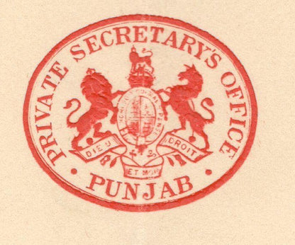 India PRIVATE SECRETARY'S OFFICE PUNJAB 1912 crested letter declining a Statue