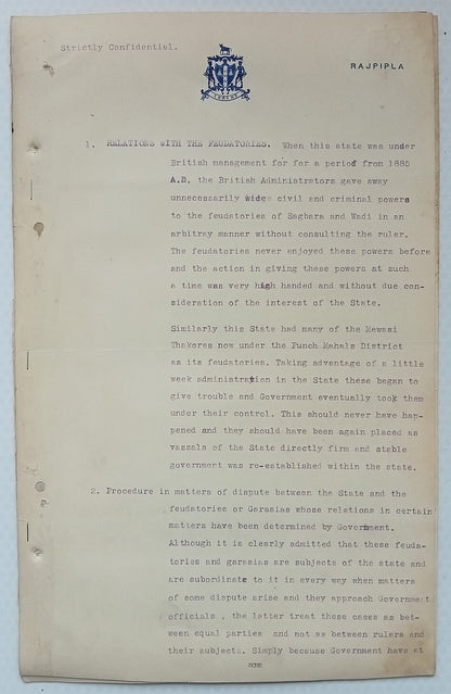 RAJPIPLA STATE crested letter (4 sheets) India