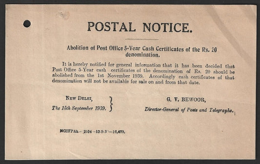 India 1939 POSTAL NOTICE Abolition of Post Office 5 Year Certificate of 20R