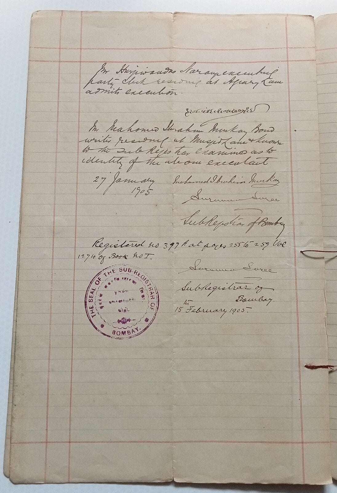 AOP India QV Queen Victoria 1868 Special Adhesive 10R on 1905 indenture 3 pgs