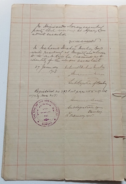 AOP India QV Queen Victoria 1868 Special Adhesive 10R on 1905 indenture 3 pgs