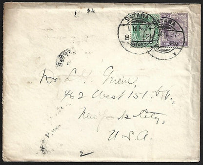 AOP India KEdVII 1/2a & 2a on 1907 cover SATARA to USA