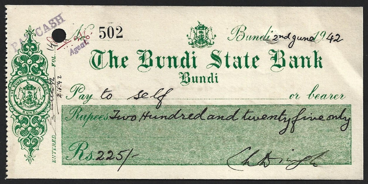 (AOP) India vintage check cheque - 1942 THE BUNDI STATE BANK