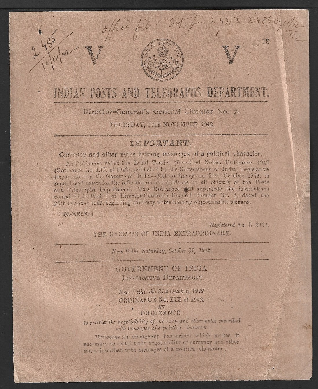 India POSTAL CIRCULAR #7 19 Nov 1942 Currency wi Messages of Political Character