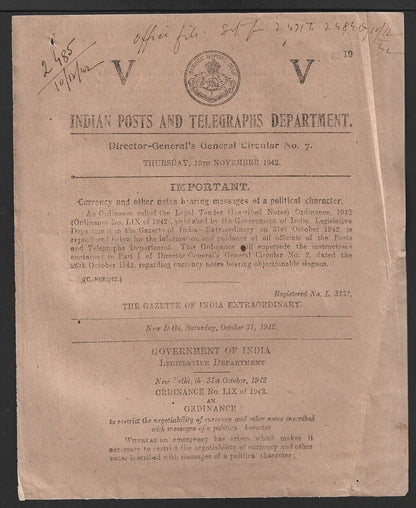 India POSTAL CIRCULAR #7 19 Nov 1942 Currency wi Messages of Political Character