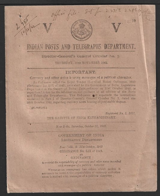 India POSTAL CIRCULAR #7 19 Nov 1942 Currency wi Messages of Political Character