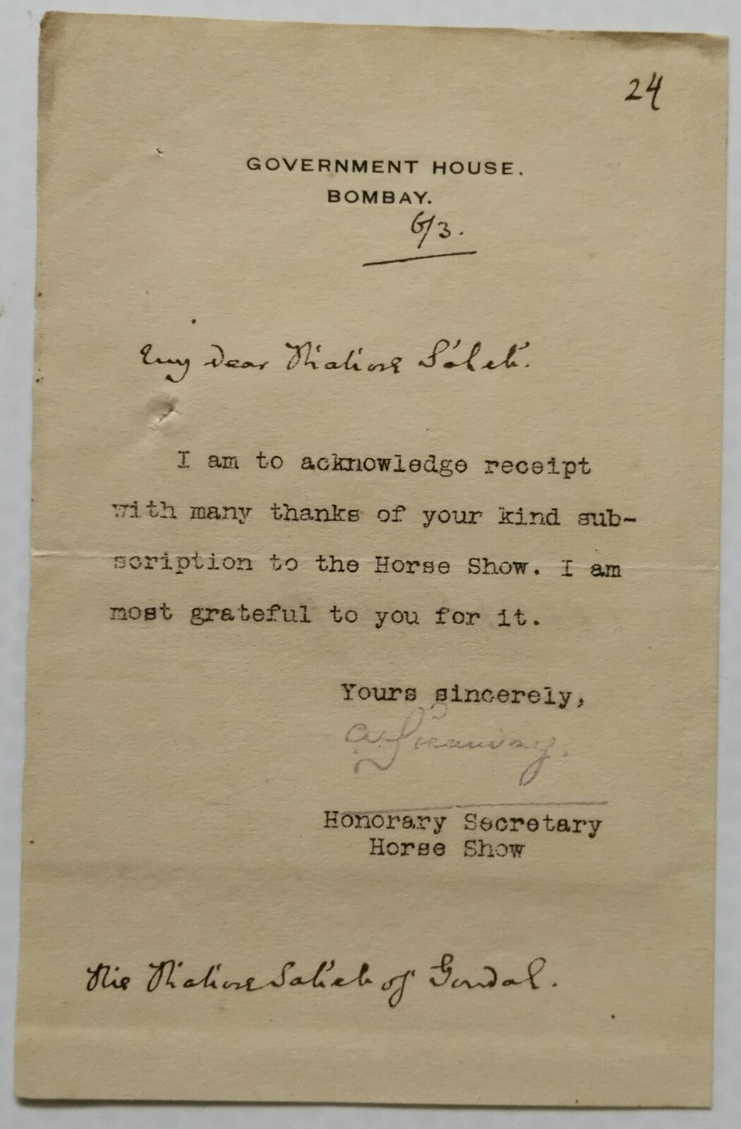 India 1918 signed letter by H.H Gondal from Taj Mahal Hotel Bombay & Cheque etc