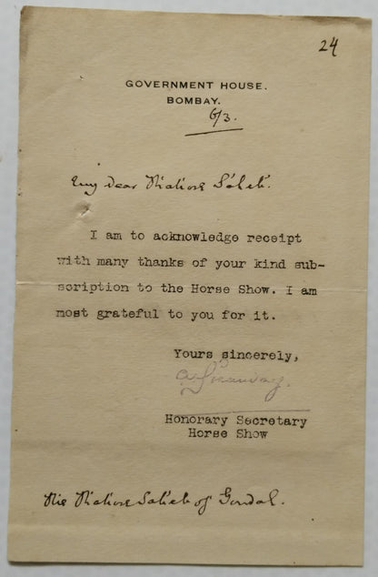 India 1918 signed letter by H.H Gondal from Taj Mahal Hotel Bombay & Cheque etc